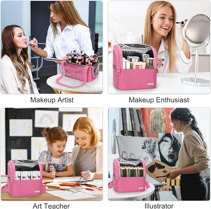 TANTO Makeup Brush Case Stand-up Makeup Cup Makeup Brush Holder Travel Professional Cosmetic Bag Artist Storage Bag Large Makeup Bag with Adjustable Divide (Rose Pink, 1-Large) - Image 3
