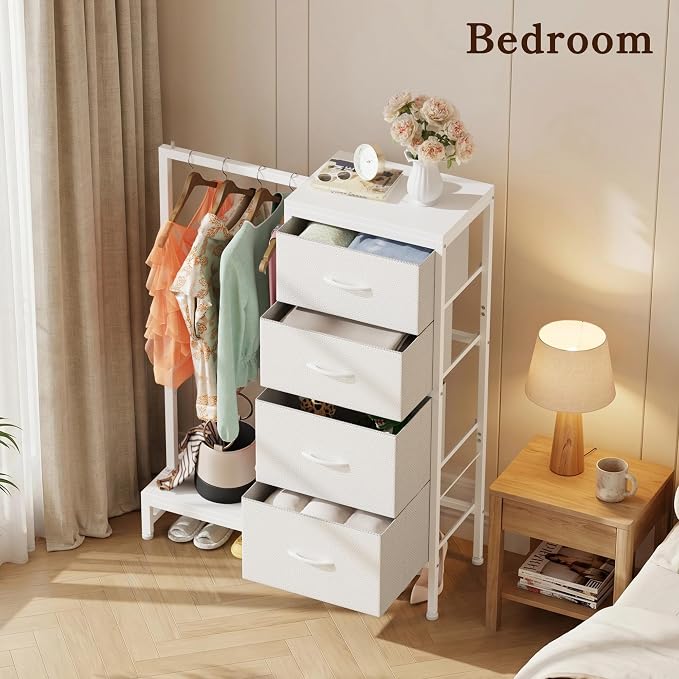 HIGDBFE Tall Dresser 44''H with Hanging Rack, 4 Drawers Small Closet Dresser for Bedroom, Reversible Fabric Chest of Drawers with Clothes Rack, Tall Storage Tower, Sturdy Frame, White - Image 7