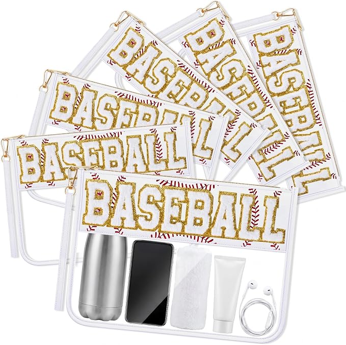 6 Pcs Baseball Gifts White Chenille Letter Makeup Bags Nylon Clear Cosmetic Bags Toiletry Zipper Pouch Travel Purse for Sports Women Party Holiday Favor by Unknown