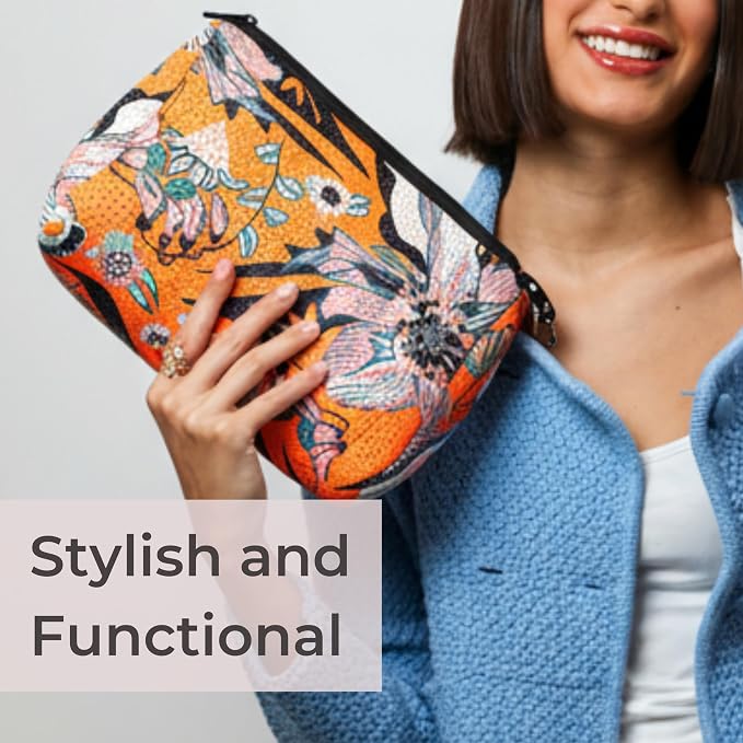 POPUPS Brand Large Makeup Bag with Zipper - Neoprene Machine Washable Travel Toiletry Cosmetic Organizer Pouch for Women (Print Blossom Orange) - Image 6