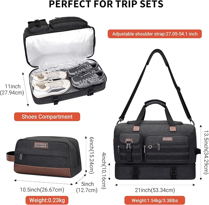 WITZMAN Duffle Bag for Men 50L Travel Canvas Weekender with Toiletry Bag | With Shoe Compartment and Dry-wet Pocket, Convertible, Carry On, One Duffel for Gym, Sports, Overnight, A8010/2 Black - Image 5
