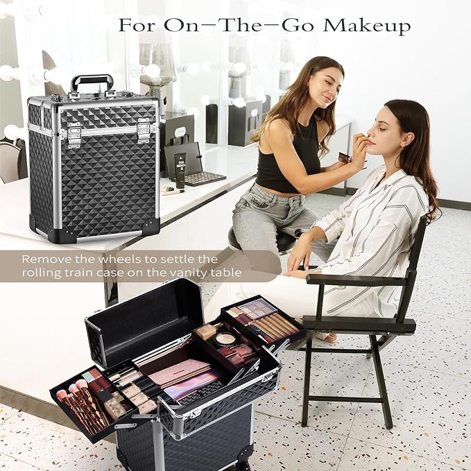 Rolling Makeup Train Case Large Cosmetic Trolley Organized Aluminum Barber Case for Hairstylist Makeup Nail Tech Salon with Keys Swivel Wheels Traveling Cart Trunk - Black - Image 2