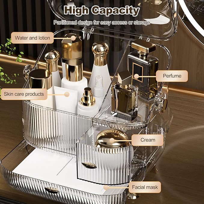 Ergocar Multi-Function Make Up Case Dustproof Cosmetic Storage Box,Cosmetics Skin Care Products Portable Retro Series Case - High Translucent White - Image 3