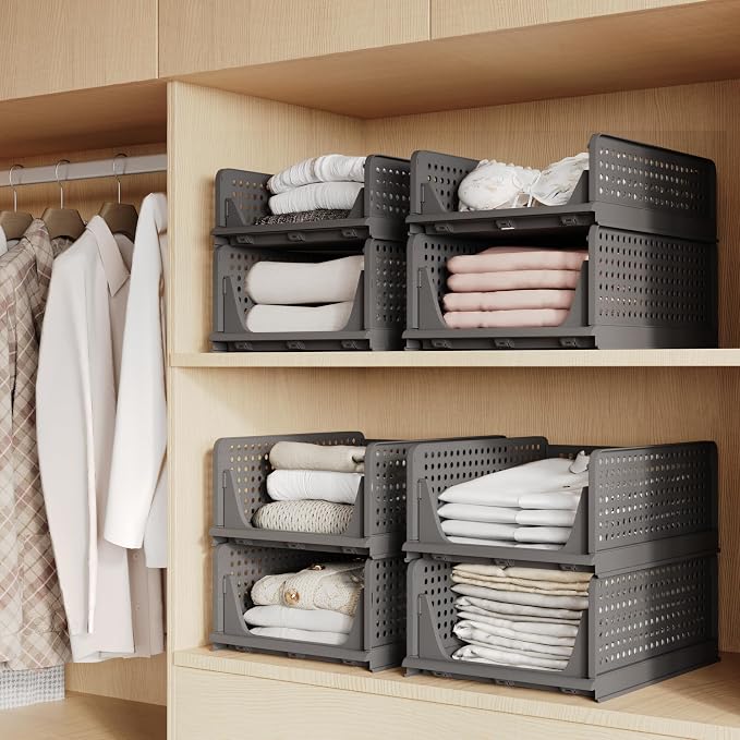 Pinkpum 5 Pack Folding Closet Organizers - Stackable Plastic Drawer Basket for Clothing, Shelf Storage Container for Closet, Wardrobe, Bedroom, Bathroom, Office (Black) - Image 2