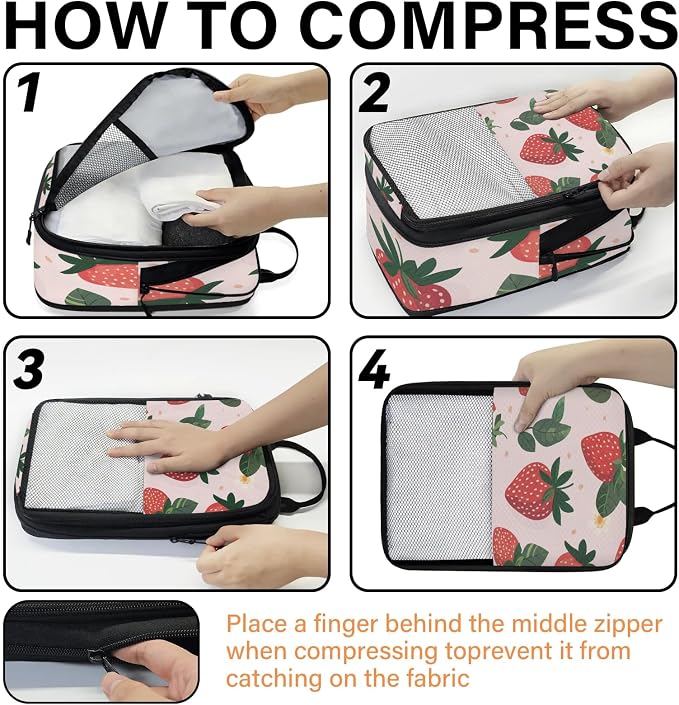 Strawberry Floral 6 Set Compression Packing Cubes for Travel Luggage Carry On Suitcase Compressible Expandable Packing Cubes Organizers Bag - Image 4