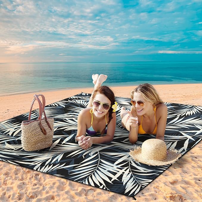 HIHOHO Beach Blanket Waterproof Sandproof Beach Mat 79”x 83” for 1-8 Adults Quick Drying Durable Outdoor Picnic Mat for Beach Festival Travel Camping Hiking (BK&W-Palm, 79"×83"(4 Person)) - Image 6