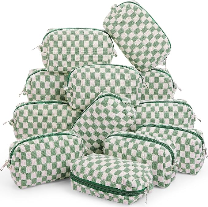 Gilprop 12 Pcs Checkered Makeup Bag for Purse Small Cosmetic Pouch Bulk Portable Zipper Makeup Pouch Travel Toiletry Organizer Gifts for Women Bridesmaid Wedding Party Favors (Green) by Gilprop