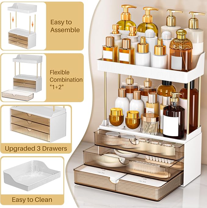 caktraie Bathroom Organizers and Storage - 3 Drawers 2 Tier Makeup Organizer, Cosmetic Storage Drawer for Dresser Countertop and Bathroom Vanity for Large Skincare, Perfume, Amber - Image 5