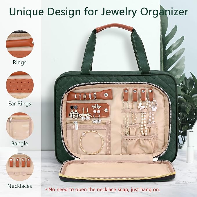 Wedama Toiletry Bag for Women, Hanging Travel Toiletry Bag with Jewelry Organizer Compartment Large Makeup Bag, PVC Waterproof Cosmetic Travel Bag Trips Camping Bathroom, Dark Green - Image 2