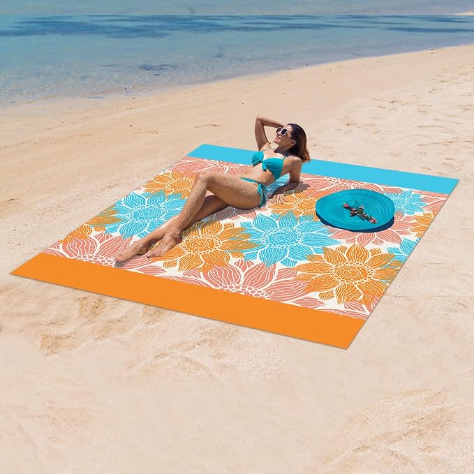 WIWIGO Beach Blanket Sandproof Extra Large Beach Mat Adults Waterproof Quick Drying Sand Free Mat Made by Premium Polyester with 4 Stakes & 4 Corner Pockets for Outdoor Travel Camping Hiking - Image 5