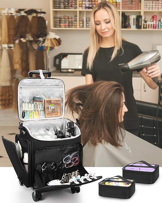 Relavel Rolling Makeup Case, Hair Tools Travel Bag Cosmetology Case on Wheels with 2 Clear Bags, Professional Hairstylist Bag Makeup Artist Storage Train Case Barber Organizer with 360° Spinner Wheels - Image 2