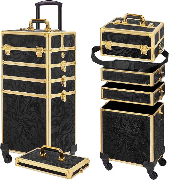 Somduy Rolling Makeup Case, Makeup Train Case with Lid, 5 in 1 Cosmetology Case on Wheels, Christmas Gift, Large Makeup Organizers, Profesional Cosmetic Case for Salon Barber, Pattern Black Gold by Somduy