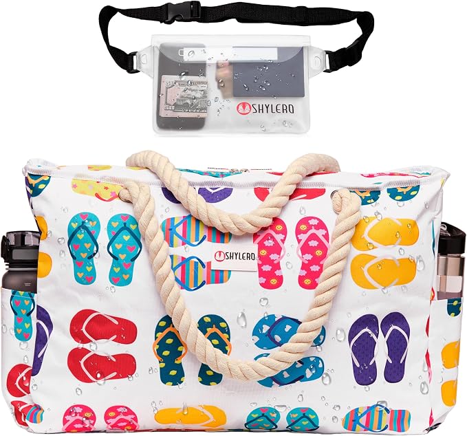 Beach Bag and Pool Bag Has Cooler Pocket, 7 Pockets Total, Zip Top. Family Size Waterproof Beach Tote - Image 9