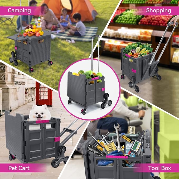 Foldable Utility Cart Portable Crate Rolling Dolly with Telescopic Handle,Can be Pulled diagonally, Magnetic Retractable Lid, 360°Swivel Climbing Wheels for Shopping Carrying Groceries Move Grey - Image 8