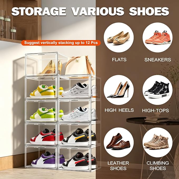 12 Pack Clear Acrylic Shoe Boxes, Wide Magnetic Door Shoe Organizer Size 12 | clear storage boxes for daily shoes, flats, low-top sneakers and closet storage,13.4 x 10.3 x 7.6 in - Image 6