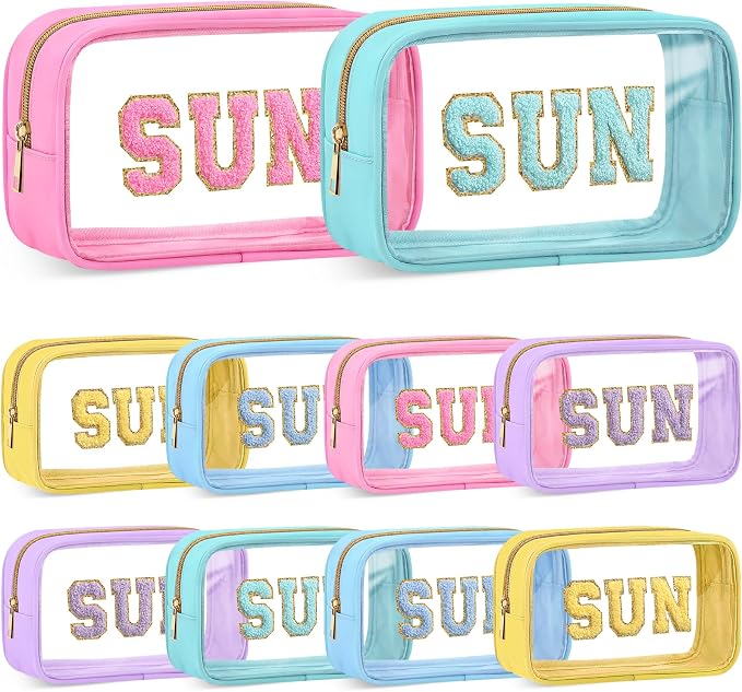Kacctyen 10 Pcs Sun Clear Makeup Bags with Zipper in 5 Assorted Colors, Chenille Letter Sunscreen Bags Bulk, Clear Waterproof Cosmetic Bag for Women Beach Pool Trip & Summer Birthday Party Favors by Kacctyen
