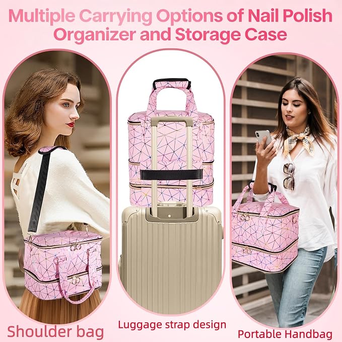 Nail Polish Organizer Bag Holds 84 Bottles & Nail Lamp, 3 Layers Nail Kit Storage Carrying Case Pu Leather, Large Nail Supplies Organizer With Shoulder Strap, Portable Travel Nail Bag,Pink - Image 6