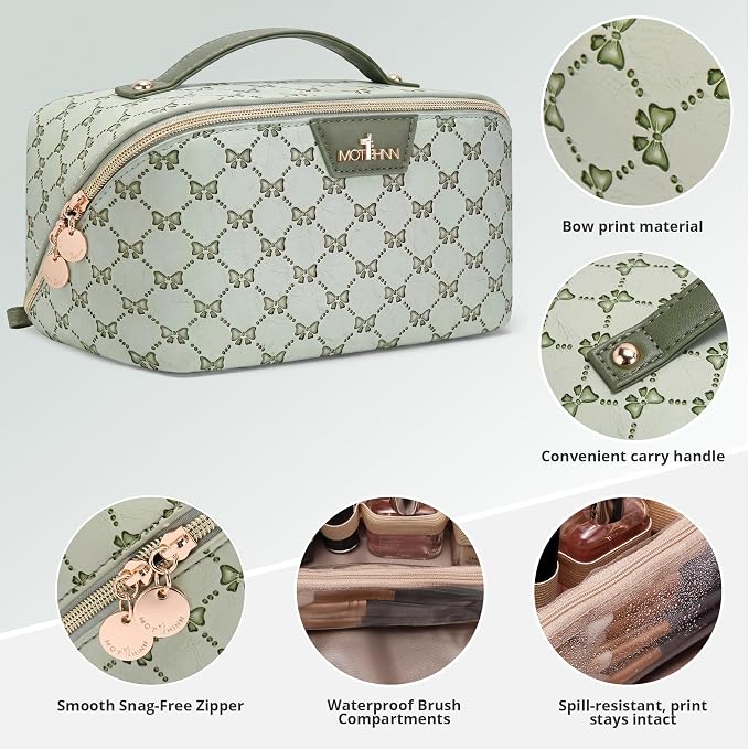 Travel Makeup Bags for Women: 3 Pcs Set Luxury Bow Print Make up Bag - Large Capacity Cosmetic Case - 3–15 Day Travel Toiletry Organizer Bag, Comes with An Gift Box(Ragweed green) - Image 3