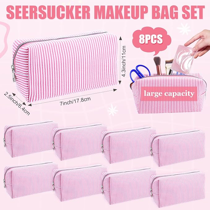 Giesiery 8 Pcs Seersucker Makeup Bags Striped Cosmetic Bags Bulk Organizer for Women Preppy Travel Toiletry Pouch for Wedding Bridesmaid Bride Favor Mom Gift (pink, Medium) - Image 2