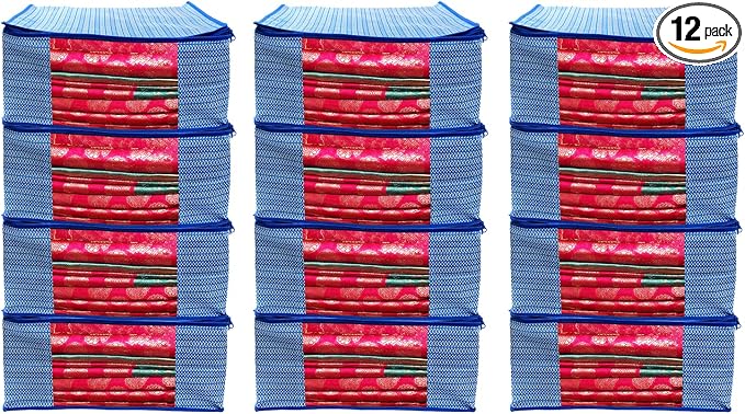 ANKIT INTERNATIONAL Saree Cover Storage Bags Pack of 12 – Non Woven Foldable Clothes Storage Organizer with Zipper & Clear Window, Wardrobe Garment Storage for Sarees, Dresses (Blue) by AI+ANKIT+INTERNATIONAL