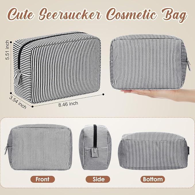 Sanwuta 6 Seersucker Cosmetic Bag Bulk Striped Makeup Bag for Women Aesthetic Cute Travel Toiletry Organizer Preppy Storage Pouch for Wedding Bridesmaid Mother's Day Teacher Gift (Large,Black) - Image 2