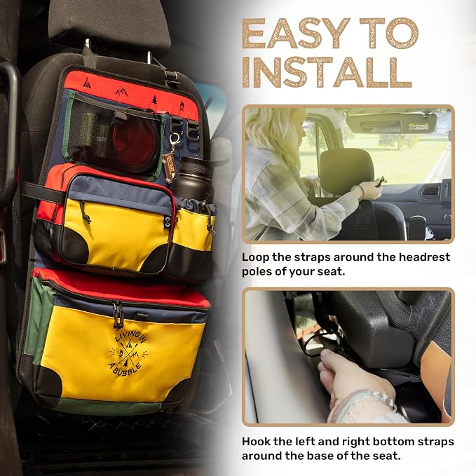 Living in a Bubble Seat back Organizer – Magnetic Toiletry and Cooler Pouch, Cordura Car Backseat Storage with Device Holder & Hooks, Multi-Compartment Utility Bag for Campervans & Family Travel - Image 6