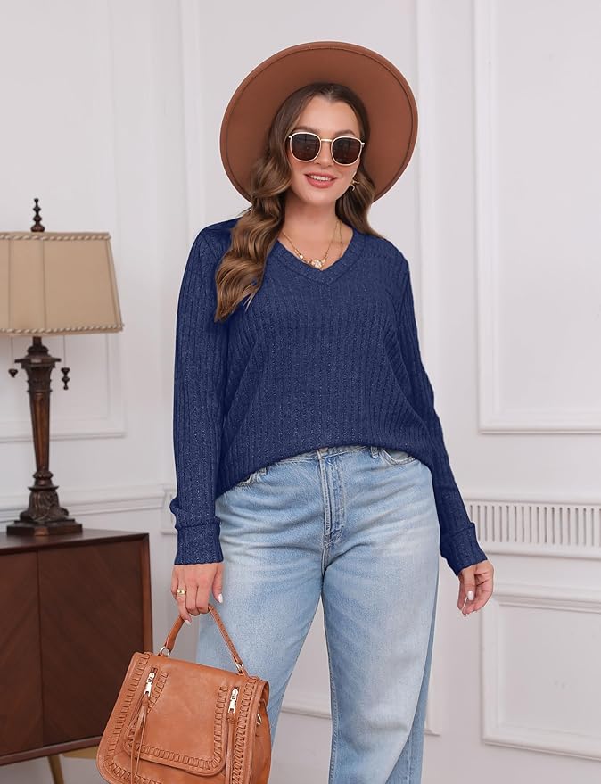 Sampeel V Neck Long Sleeve Shirts for Women Casual Fall Tops Lightweight Tunic Sweaters Fashion Clothes Loose Fit 2025