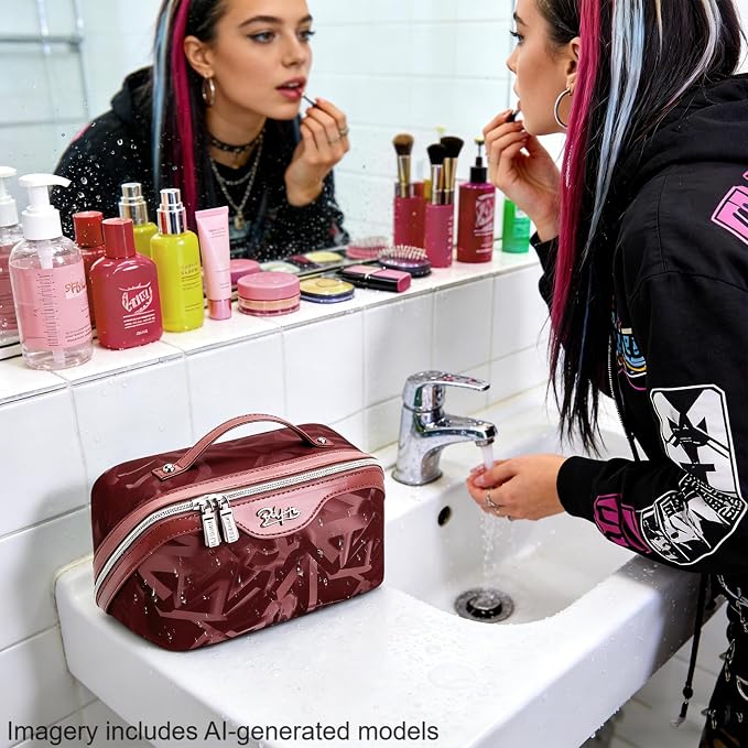 BOYATU Travel Makeup Bag for Women: Y2K Aesthetic Personalized Glossy 3 Pcs Set Cosmetic Organizer Bag - Trendy Statement Toiletry Pouches for Forward Women - Stand Out at Festivals & Trips(D-4-Red) - Image 6