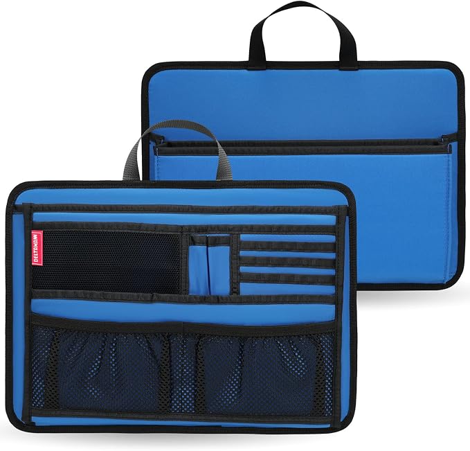 Slim Rugged Organizer Insert for Briefcase Messenger Tote Bag-13 Pockets,Durable Padded Nylon,Handle - Blue by DELTAMANN
