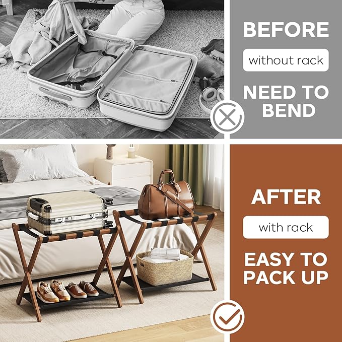 Fully Assembled Walnut Luggage Racks Set of 2, Bamboo 26.77" Luggage Rack Stand for Guest Room, 5 Nylon Straps, Foldable Suitcase Stand with Storage Shelf for Bedroom Hotel, Holds up to 165 Lbs - Image 5