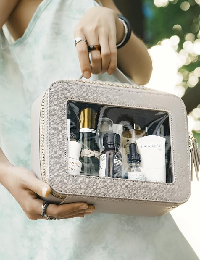 Popvibe Clear Makeup Bag Travel Cosmetic Case Transparent Toiletry Bag with Zipper, Portable Make Up Organizer Traveling Compact Car Bag for Essentials, Stone, Large - Image 6