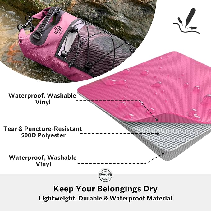 STOVER 5/10/25/30/40L Waterproof Dry Backpack & Phone Case- Large Floating Dry Bag for Kayaking, Travel, Hiking, Fishing, Camping, Motorcycles & Beach, Heavy-Duty Roll Top Men/Women (Pink) - Image 2