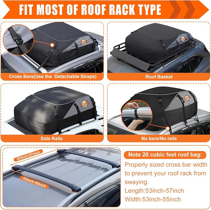 Sailnovo Rooftop Cargo Carrier Roof Bag, 20 Cubic feet Soft Waterproof Car Roof Bag fit Cars with/Without Rack, 6 Tie-Down Straps, 6 Door Hooks, Foldable Car Top Carrier for Road Trip Camping Travel - Image 3