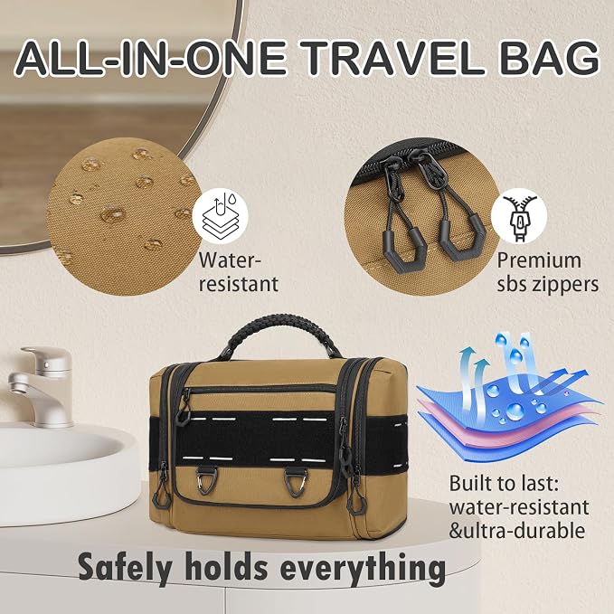 Tactical Toiletry Bag for Men - Hanging Dropp Kit Mens Toiletry Travel Bag for Toiletries, Traveling & Shaving Kit, Portable Hygiene Bag Shower Bathroom Organizer with Handle & Hook, Brown - Image 5