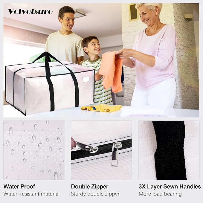 VELVETSURE 12 Pack Heavy Duty Large Moving Bags W/Backpack Straps - Strong Handles & Zippers, Storage Totes For Space Saving, Fold Flat, Alternative to Moving Box and Storage Bin, Semi-Transparent - Image 3