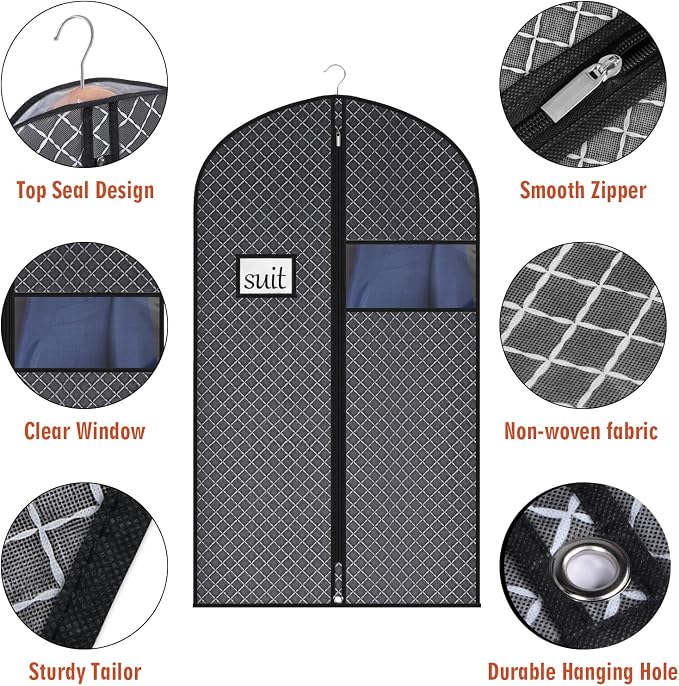 Univivi Suit Bags for Closet Storage and Travel, 40 Inch, 10 Pack, Black | Non-woven fabric, Breathable Suit Cover, Dustproof Hanging Storage Bag, Clear Window and ID Card Holder for Closet Storage - Image 3