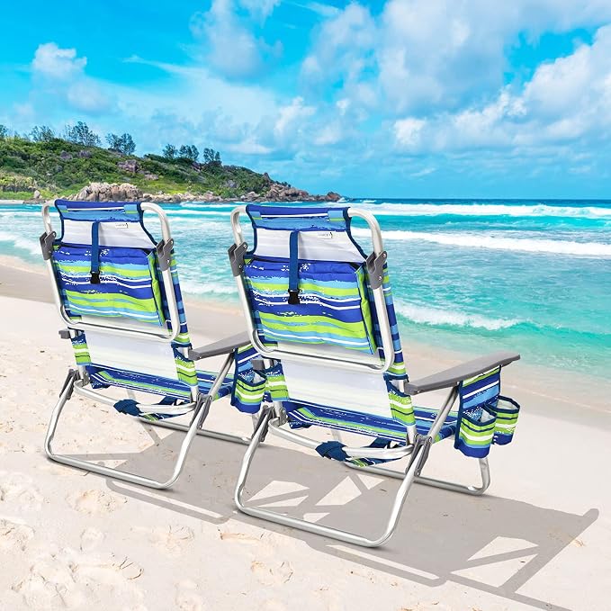 Giantex Folding Beach Chair, Patio Sling Chairs with 5 Adjustable Position, Head Pillow, Storage Bag, Towel Bar, Cup Holders, Backpack Chairs for Sunbathing, Camping Chair - Image 2