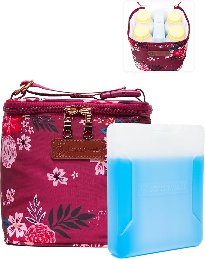 Sarah Wells Cold Gold Breastmilk Cooler with Ice Pack (Berry Bloom) | Fully-Lined Insulated Interior, Fits 4-6 Bottles, Zippered Lid, Great for Workdays, Travel & Pumping Days, Machine Washable by SarahWells