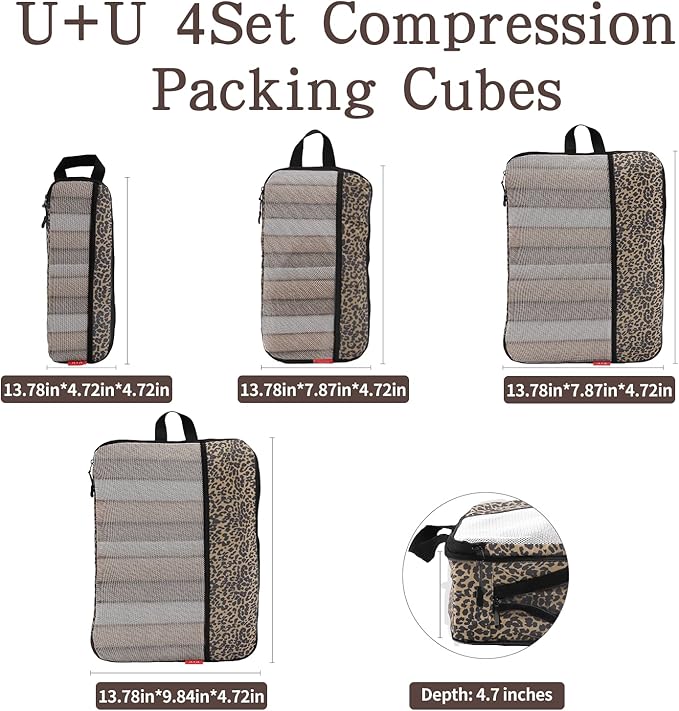 U+U 4 Set Compression Packing Cubes - Ultralight Travel Organizers, Space-Saving Suitcase Organizer, Expandable Packing Cubes for Travel, Business Trip and Family Vacation (Leopard) - Image 5
