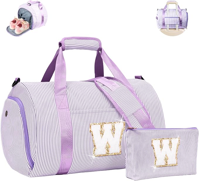 Tween Gifts Trendy Stuff, Girls Travel Duffle Bag, Kids Initial Overnight Duffel Bags with Shoe Compartment, Personalized Dance Bag with Cosmetic Pouch, Gift for Sister Daughter (Letter W) by Vogewood