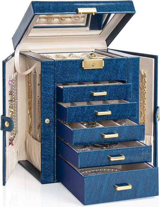 AKOZLIN 6-Tier Jewelry Box Lockable Leather Jewelry Storage Case with 5 Drawers for Women Girls Ring Necklace Earring Bracelet Holder Organizer with Mirror Blue by AKOZLIN
