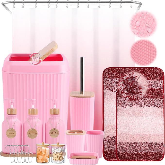 XLHOMO Bathroom Accessories,Bathroom Set with Shower Curtain,Rugs,Trash Can,Lotion Soap Dispenser,Toothbrush Holder,Soap Dish, Tags with Tray（Pink1 ），（Bath Set+Shower Curtain+Bath Rugs） by BetterbathroomwithXLHOME