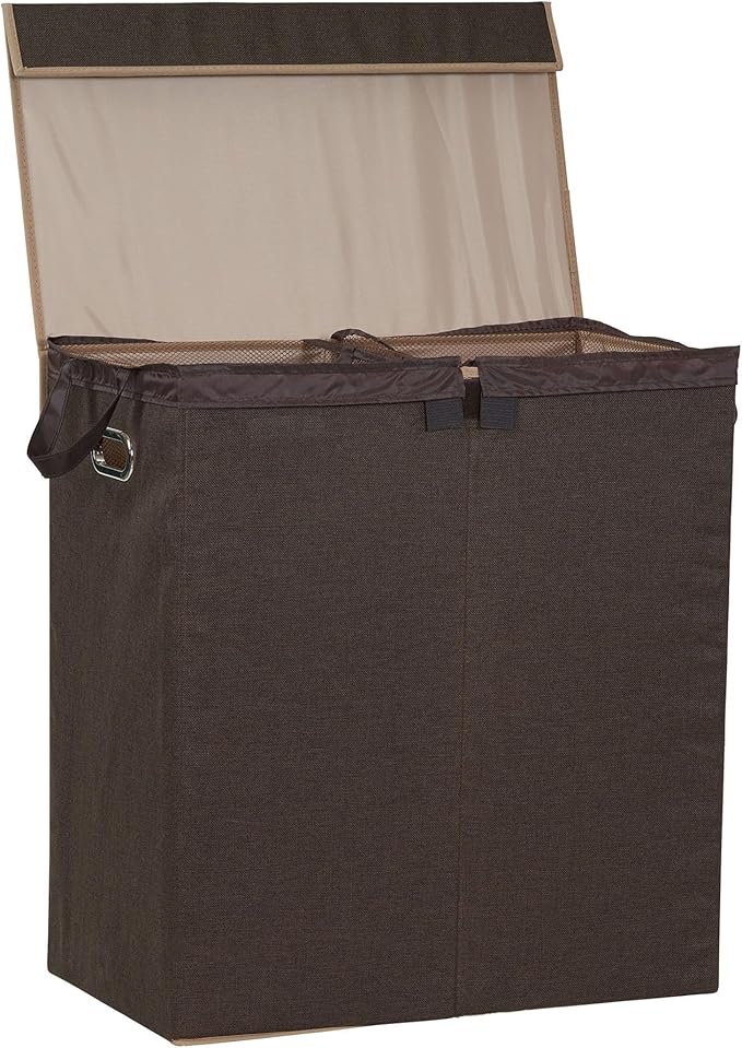 Household Essentials Collapsible Double Laundry Hamper with Lid, Two Compartments and Removable Liner Bags, Brown Finish by HouseholdEssentials