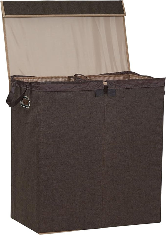 Household Essentials Collapsible Double Laundry Hamper with Lid, Two Compartments and Removable Liner Bags, Brown Finish by HouseholdEssentials