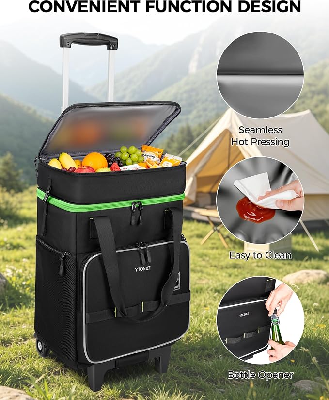 Ytonet 2-in-1 Rolling Cooler with Wheels, 55 Cans/40L Large Insulated Cooler on Wheels with Detachable Top Bag, Leakproof Soft Sided Cooler Bag for Beach, Picnic, Camping, Travel and Grocery，Black - Image 5