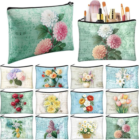 Sweetude 12 Pcs Flower Makeup Bag Bulk Portable Travel Cosmetic Bags with Zipper Rustic Colorful Floral Waterproof Roomy Travel Toiletry Organizer Storage Pouch for Women Tea Party Gifts by Sweetude