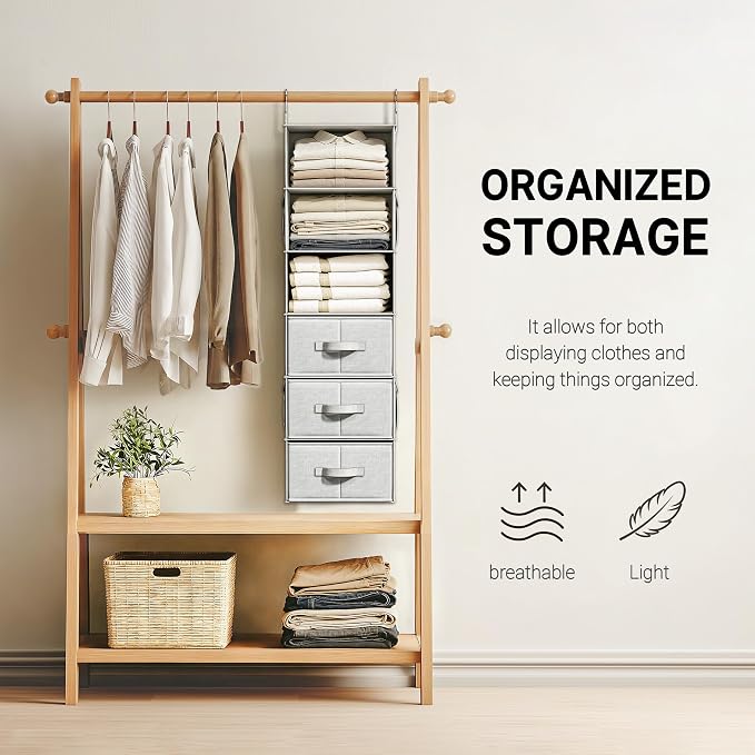 Vailando 6-Shelf Hanging Closet Organizer with 3 Drawers, Closet Hanging Shelves with Removable Fabric Drawers for Wardrobe, Nursery & Dorm Storage, Silver Gray - Image 5