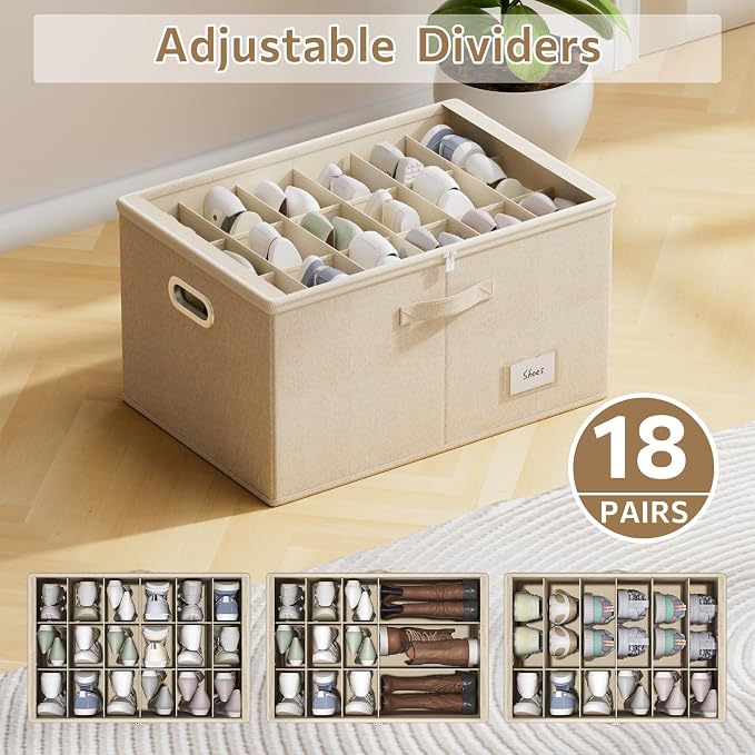 2 Pack Shoe Organizer for Closet Large Shoe Box Storage Containers with Clear Window Space Saving Shoe Bin with Foldable Bottom Support Adjustable Dividers Fits 36 Pairs (Beige, (24.4*16.5*13inch)x2) - Image 5