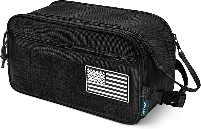 PAVILIA Tactical Toiletry Bag for Men, Travel Hygiene Bag, Military Gear Dopp Kit, Water Resist Molle Accessories Pouch, Mens Shaving Essentials, Gym Bathroom Shower Small Toiletries Tool EDC, Black