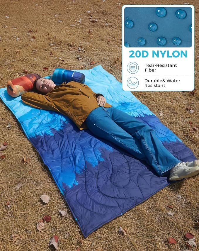 KingCamp Ultralight Camping Blanket, Packable Down Alternative Puffy Printed Wearable Blanket with Snap Buttons & Corner Loops Weatherproof Quilt for Outdoor Travel Stadium (78.7"L x 57.1”W, CYAN) - Image 3